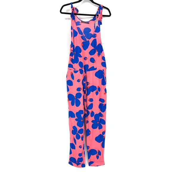 Mister Zimi Jumpsuit Women's Size 2 Pink Blue Tropical Floral Print Tie Straps